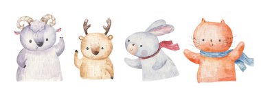 Beyaz arka planda hayvanlar, tavşanlar, geyikler, çiğ, kedi, çocuk resimleri.