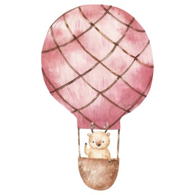 Tatlı çizgi film hayvanları sıcak hava balonu mavisi içinde, çocuklar suluboya resimleme, baskı, tasarım