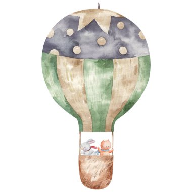 Tatlı çizgi film hayvanları sıcak hava balonu mavisi içinde, çocuklar suluboya resimleme, baskı, tasarım