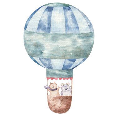 Tatlı çizgi film hayvanları sıcak hava balonu mavisi içinde, çocuklar suluboya resimleme, baskı, tasarım