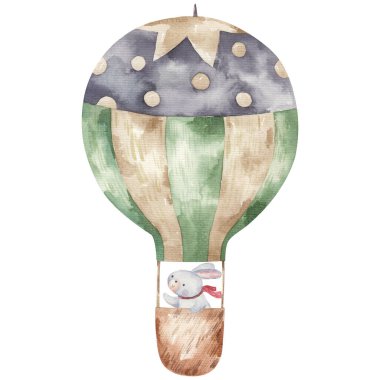 Tatlı çizgi film hayvanları sıcak hava balonu mavisi içinde, çocuklar suluboya resimleme, baskı, tasarım