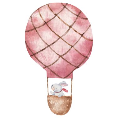 Tatlı çizgi film hayvanları sıcak hava balonu mavisi içinde, çocuklar suluboya resimleme, baskı, tasarım