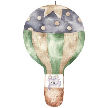 Tatlı çizgi film hayvanları sıcak hava balonu mavisi içinde, çocuklar suluboya resimleme, baskı, tasarım