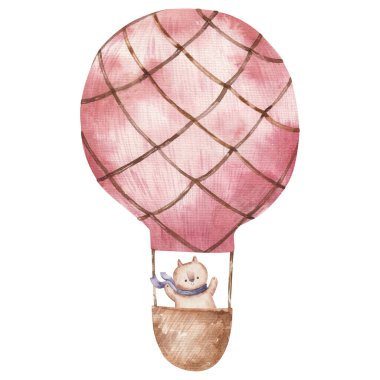 Tatlı çizgi film hayvanları sıcak hava balonu mavisi içinde, çocuklar suluboya resimleme, baskı, tasarım