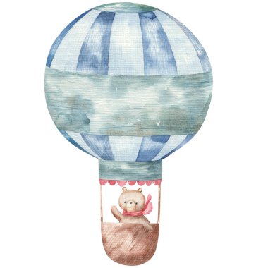 Tatlı çizgi film hayvanları sıcak hava balonu mavisi içinde, çocuklar suluboya resimleme, baskı, tasarım