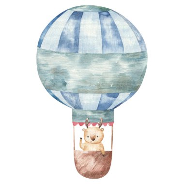 Tatlı çizgi film hayvanları sıcak hava balonu mavisi içinde, çocuklar suluboya resimleme, baskı, tasarım