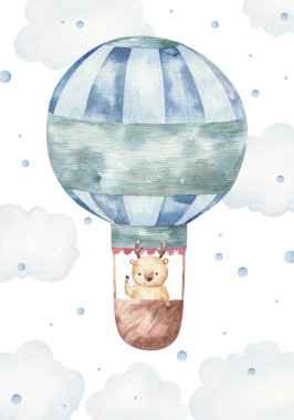 İçinde balonda hayvanlar olan şirin bir kart, suluboya çizim.