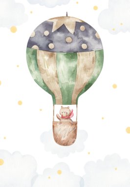 İçinde balonda hayvanlar olan şirin bir kart, suluboya çizim.