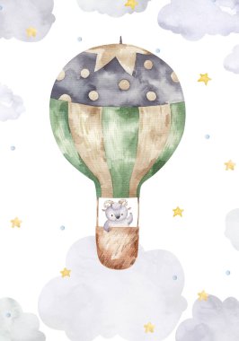 İçinde balonda hayvanlar olan şirin bir kart, suluboya çizim.