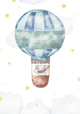 İçinde balonda hayvanlar olan şirin bir kart, suluboya çizim.