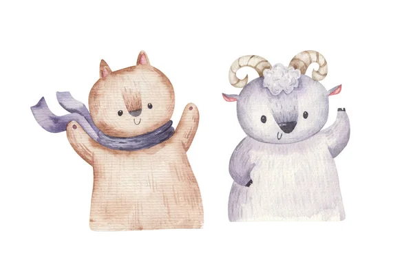 Набор Животных Баран Кошка Детские Иллюстрации Акварелью Белом Фоне — стоковое фото