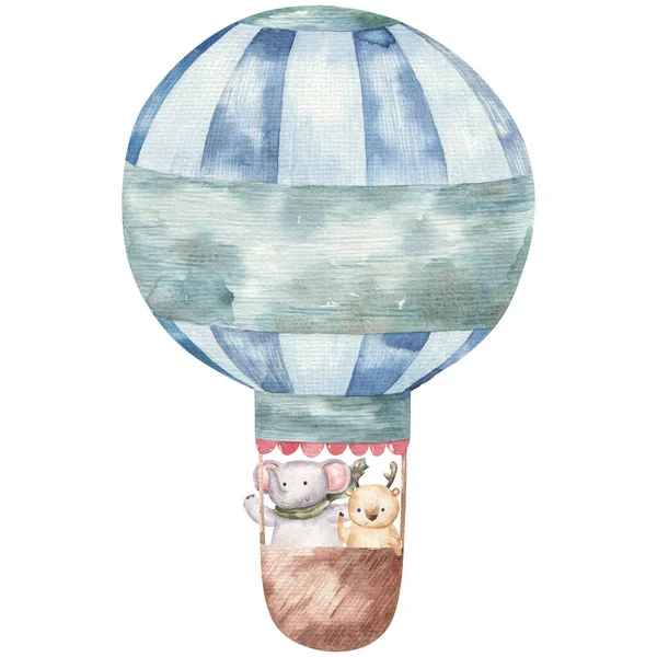 熱気球青でかわいい漫画動物 子供水彩イラスト デザイン — ストック写真