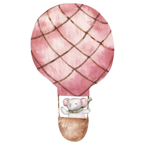 Cute Cartoon Animals Hot Air Balloon Blue Childrens Watercolor Illustration — Stock Photo, Image