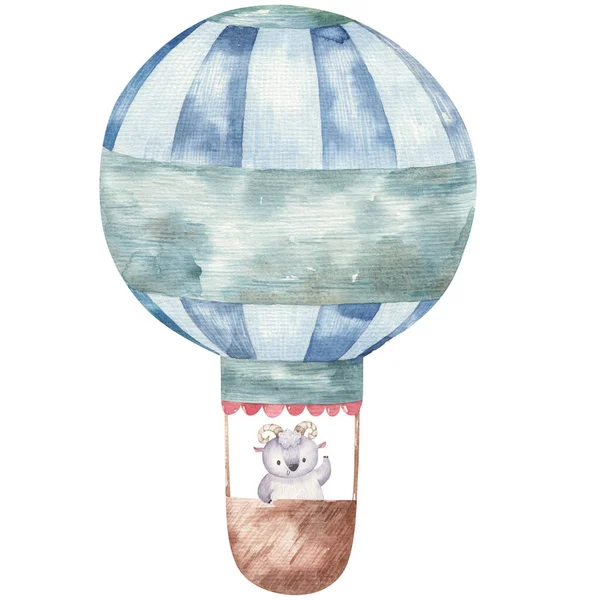 Cute Cartoon Animals Hot Air Balloon Blue Childrens Watercolor Illustration — Stock Photo, Image