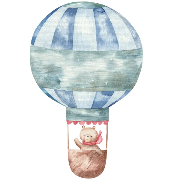 Tatlı çizgi film hayvanları sıcak hava balonu mavisi içinde, çocuklar suluboya resimleme, baskı, tasarım