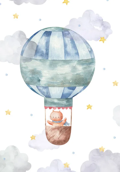 Schattige Kaart Met Een Dier Een Ballon Aquarel Illustratie — Stockfoto