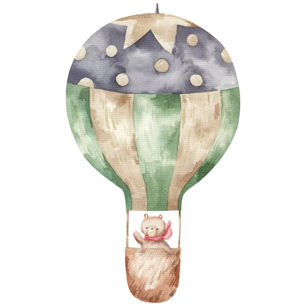 Roztomilá Kreslená Zvířata Horkovzdušném Balónu Modrá Dětské Akvarely Ilustrace Tisk — Stock fotografie