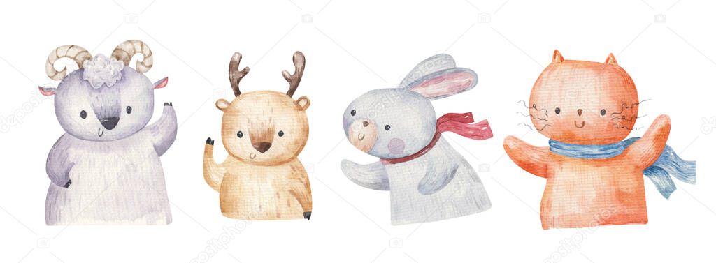 set of animals, bunny, rabbit, deer, raw, cat, childrens illustration in watercolor on a white background