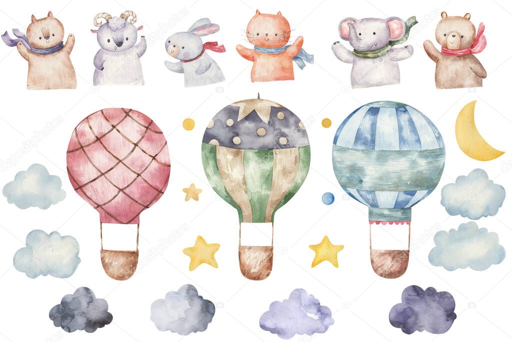 set of balloons and animals watercolor childish illustration, design room, wallart