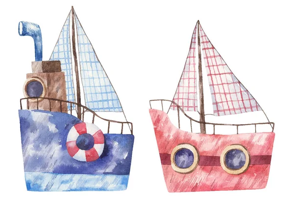 Bateau Bleu Rouge Avec Voile Illustration Aquarelle Mignonne Pour Enfants — Photo