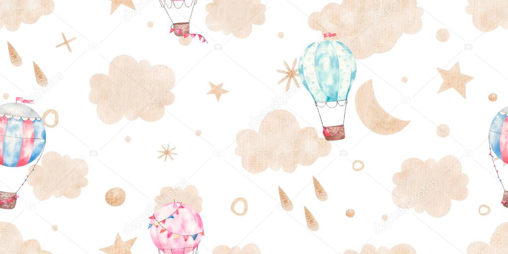 seamless pattern with air colored hot balloons, clouds, dots, stars made of gold, cute childish illustration