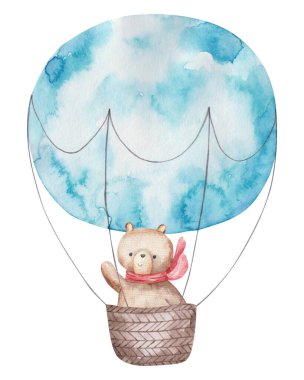 Renkli sıcak hava balonu mavi renkli sepetli şirin suluboya izole edilmiş çocuklar çizimi, dekoru ve baskısı