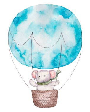 Renkli sıcak hava balonu, mavi renkli sepetli şirin suluboya, izole edilmiş çocuk resimleri, dekoru ve baskısı.