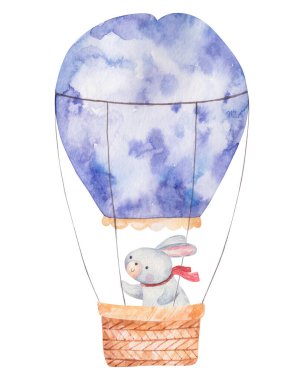 Mor renkli balonlu tavşan sepeti, şirin suluboya izole edilmiş çocuklar çizim, dekor ve baskı