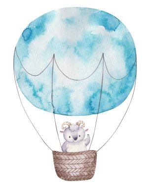 Ham renkli sıcak hava balonu mavi renkli sepet, şirin suluboya izole edilmiş çocuklar çizim, dekor ve baskı.