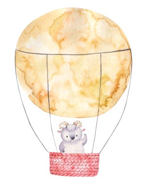 Ham renkli sıcak hava balonu sarı renklerde sepetli şirin suluboya izole edilmiş çocuklar çizimi, dekoru ve baskısı