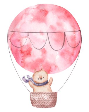 Renkli balonda, sepetli pembe çiçeklerde, şirin suluboya izole edilmiş çocuk resimleri, dekoru ve baskısı