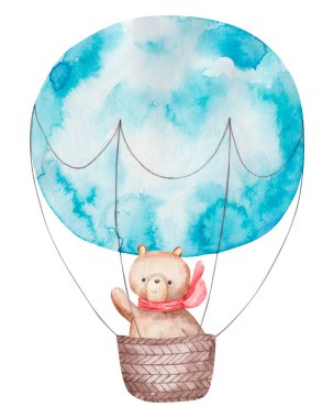 Renkli sıcak hava balonu mavi renkli sepetli şirin suluboya izole edilmiş çocuklar çizimi, dekoru ve baskısı