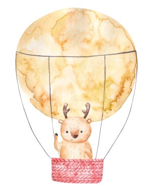 Renkli sıcak hava balonu içinde sarı renkli sepetli şirin suluboya izole edilmiş çocuklar çizimi, dekoru ve baskısı.