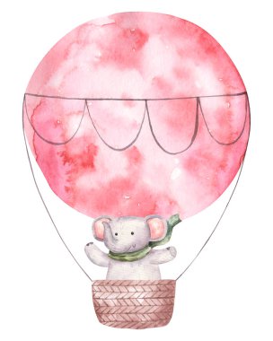 Renkli balondaki fil pembe çiçeklerle dolu sepetli şirin suluboya izole edilmiş çocuk resimleri, dekoru ve baskısı