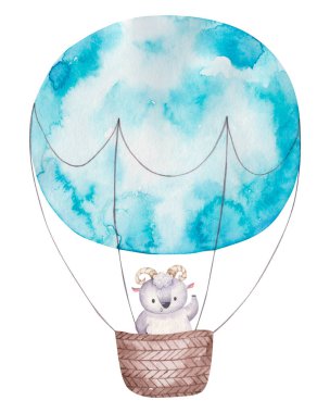 Ham renkli sıcak hava balonu mavi renkli sepet, şirin suluboya izole edilmiş çocuklar çizim, dekor ve baskı.