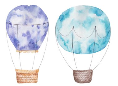 set, renkli balon koleksiyonu mavi ve menekşe sepetli sevimli izole edilmiş çocuklar suluboya resimleme, dekor ve baskı