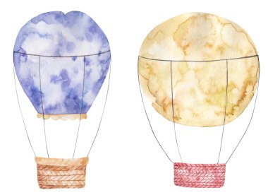 set, renkli balon koleksiyonu mor ve sarı sepetli, sevimli izole edilmiş çocuklar suluboya çizimi, dekor ve baskı