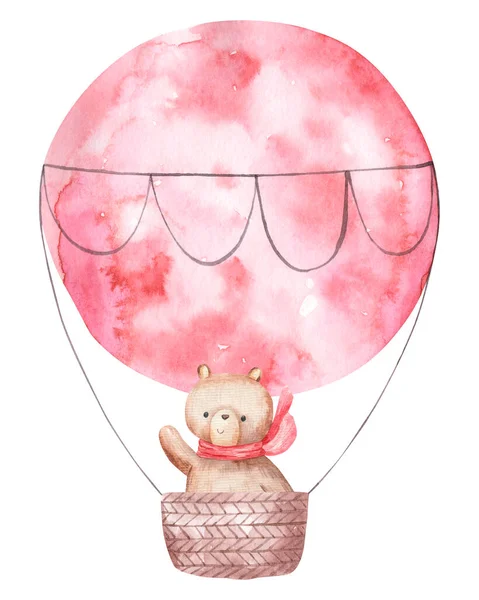 Urso Balão Colorido Flores Rosa Com Cesta Aquarela Bonito Isolado — Fotografia de Stock