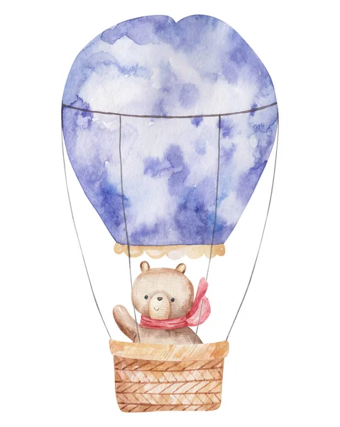 Медведи Красочных Воздушный Шар Фиолетовых Цветах Корзиной Милый Акварель Изолированные — стоковое фото