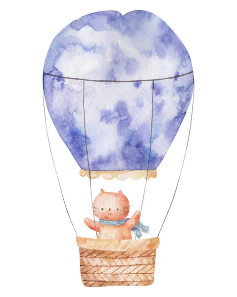 Kat Kleurrijke Ballon Paarse Kleuren Met Mand Schattige Aquarel Geïsoleerde — Stockfoto