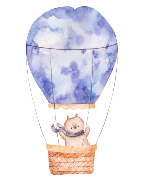 Animal Ballon Coloré Aux Couleurs Violettes Avec Panier Aquarelle Mignon — Photo