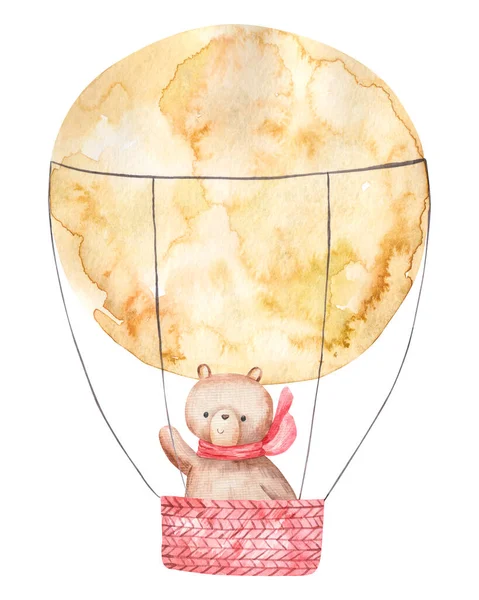 Medve Színes Hőlégballon Sárga Színekben Kosár Aranyos Akvarell Elszigetelt Gyerekek — Stock Fotó