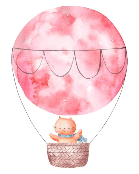 Chat Ballon Coloré Fleurs Roses Avec Panier Mignon Aquarelle Enfants — Photo