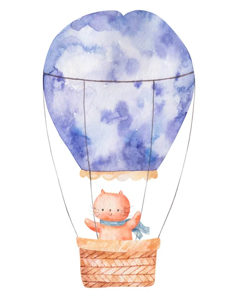 Gato Globo Colorido Colores Púrpura Con Cesta Lindo Acuarela Niños — Foto de Stock