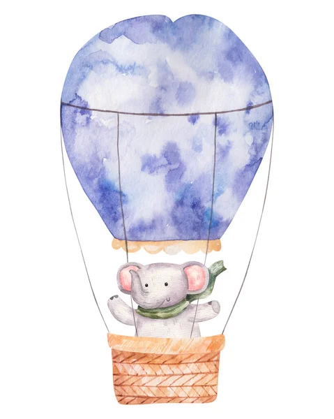 elephant in  colorful balloon in purple colors with basket, cute watercolor isolated childrens illustration, decor and print