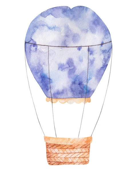 Kolorowy Balon Fioletowych Kolorach Koszem Ładny Akwarela Izolowane Dzieci Ilustracja — Zdjęcie stockowe