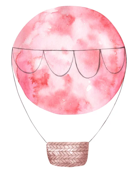 Kleurrijke Ballon Roze Bloemen Met Mand Schattige Aquarel Geïsoleerde Kinderen — Stockfoto