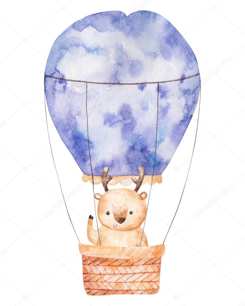 deer in colorful balloon in purple colors with basket, cute watercolor isolated childrens illustration, decor and print