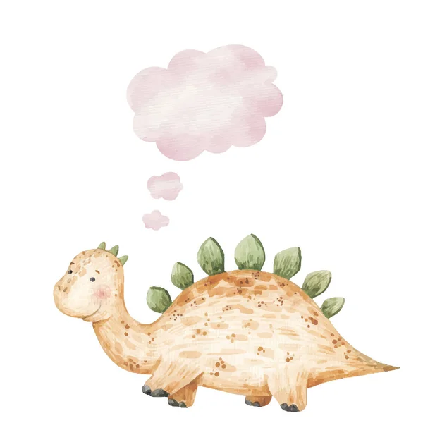 Schattig Geel Dinosaurus Glimlachen Gedachte Icoon Wolk Kinderen Illustratie Aquarel — Stockfoto