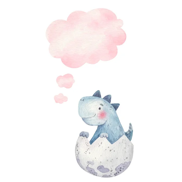 Lindo Bebé Dinosaurio Huevo Pensamiento Icono Nube Niños Ilustración Acuarela —  Fotos de Stock